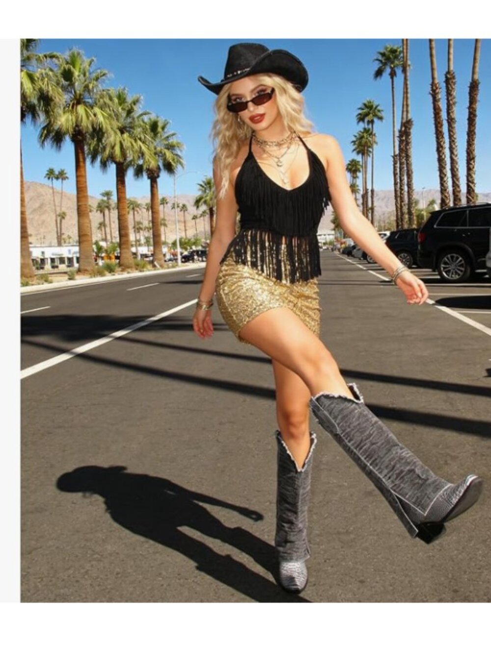 Denim Grey Knee High Cowboy Boots